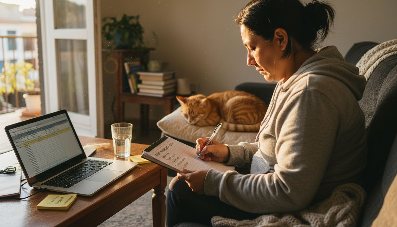 Mujer organizando sus metas financieras desde la comodidad de su hogar
