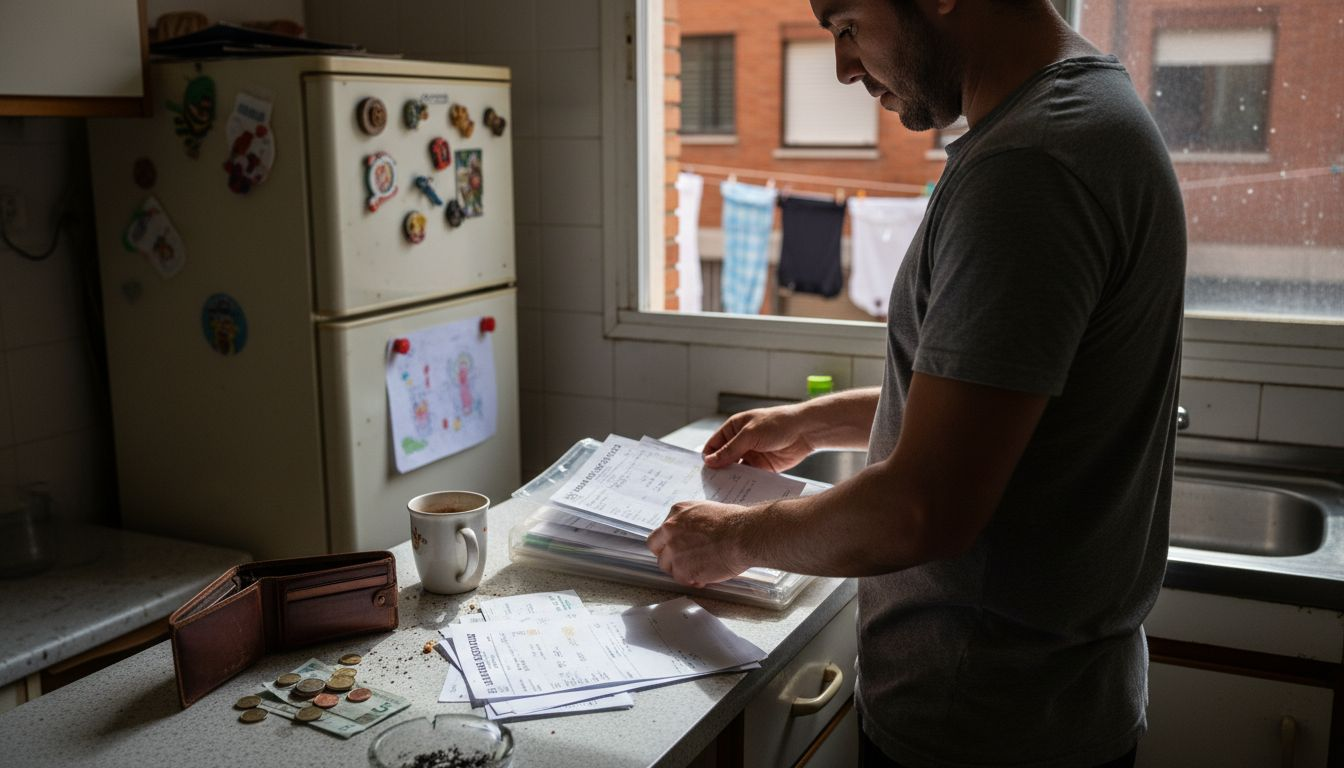 Un hombre revisa sus facturas en la cocina mientras se organiza para pagar sus deudas.