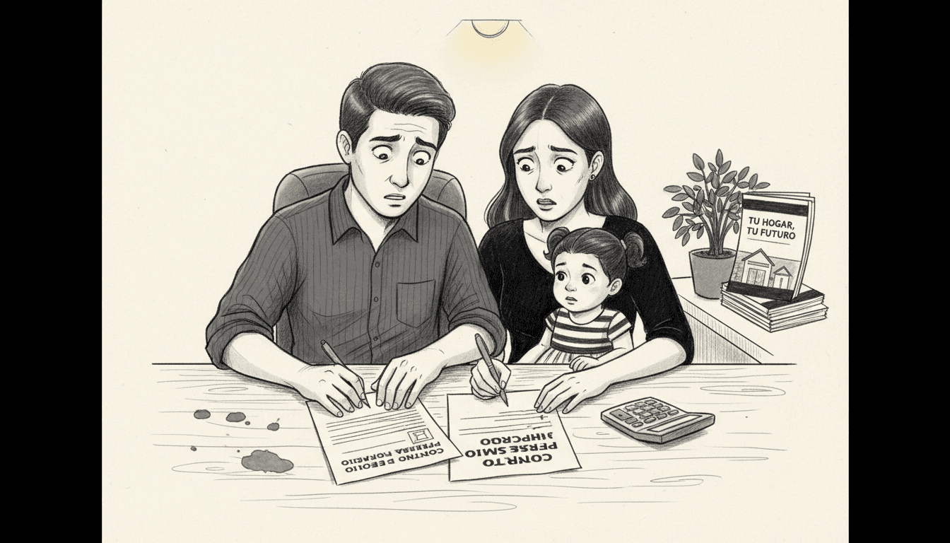 Una familia formaliza la compra de su hogar firmando el contrato de la hipoteca en la oficina del banco.