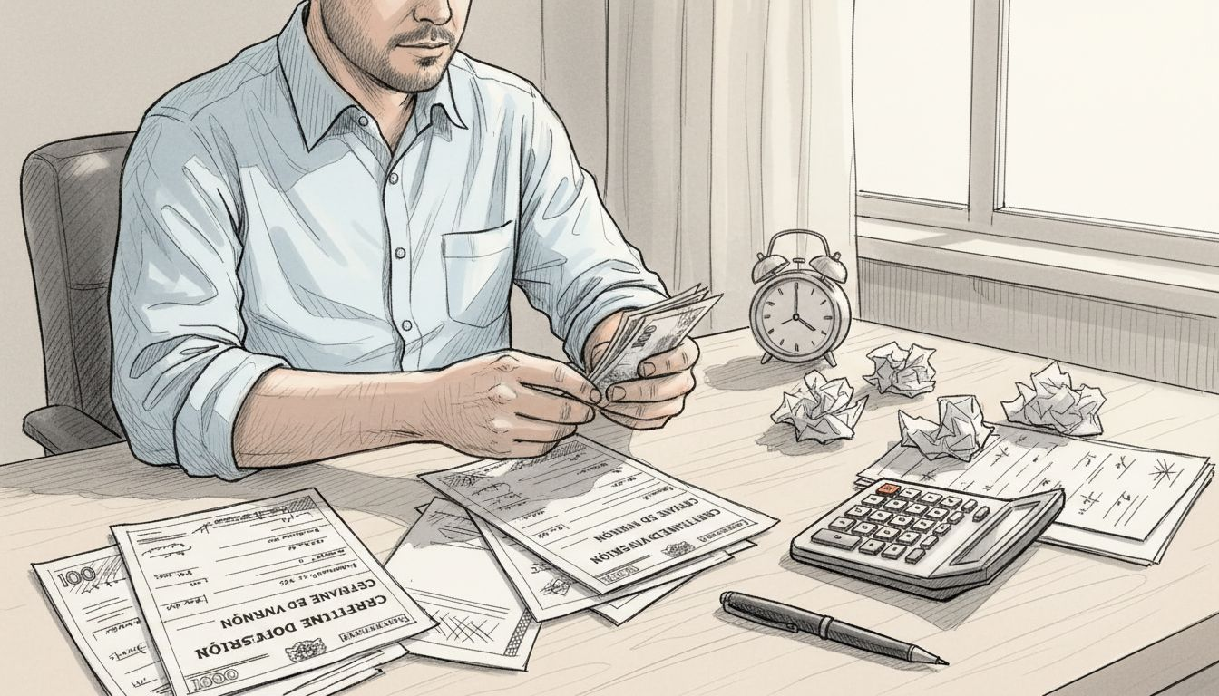 Hombre revisando su dinero y comprobantes de inversión