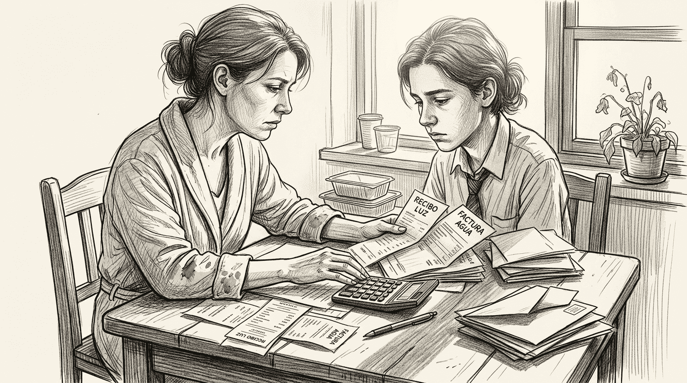 Una familia sentada en la cocina, analizando juntos sus gastos y organizando el presupuesto del mes.