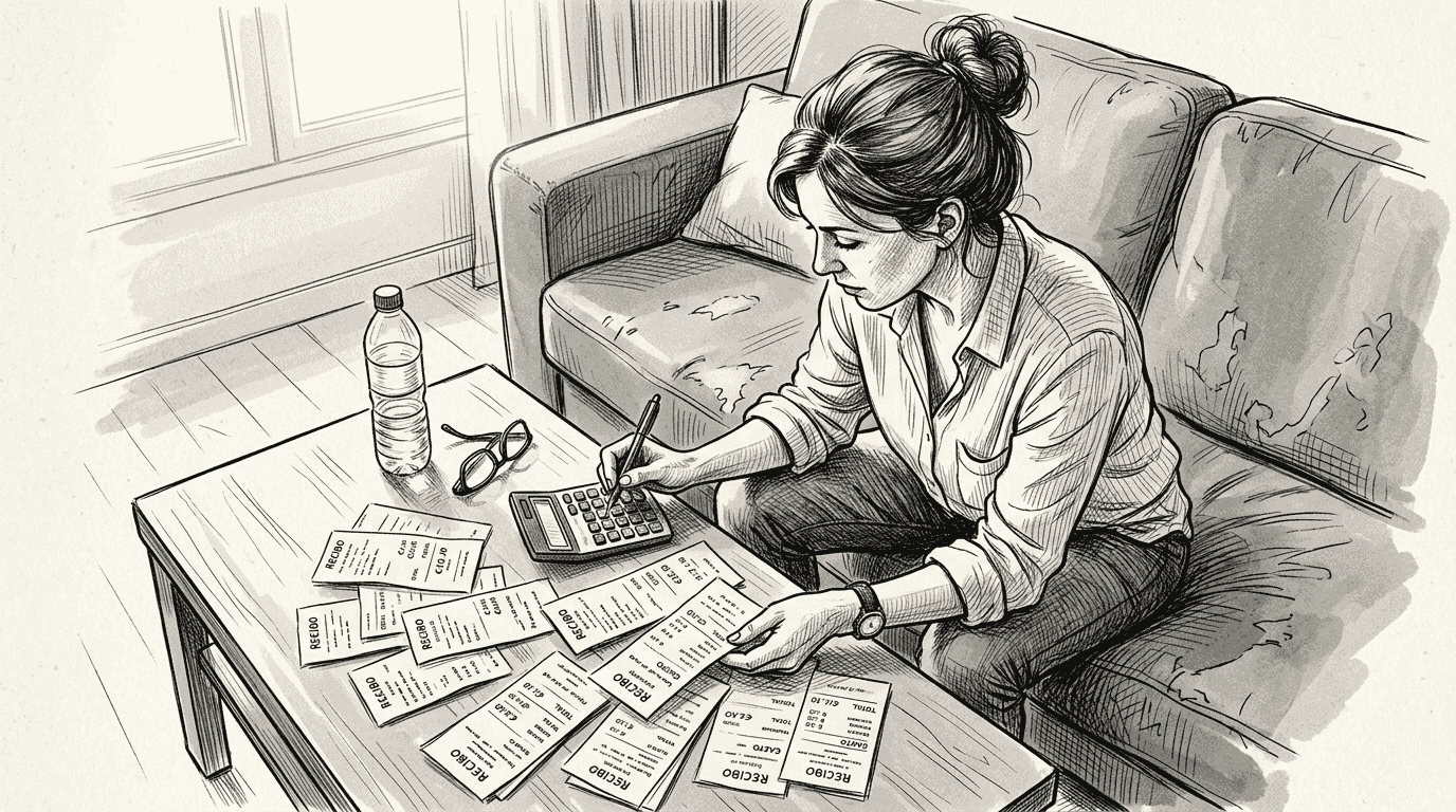 Una mujer revisa sus cuentas y organiza el pago de sus deudas desde la comodidad de su hogar.