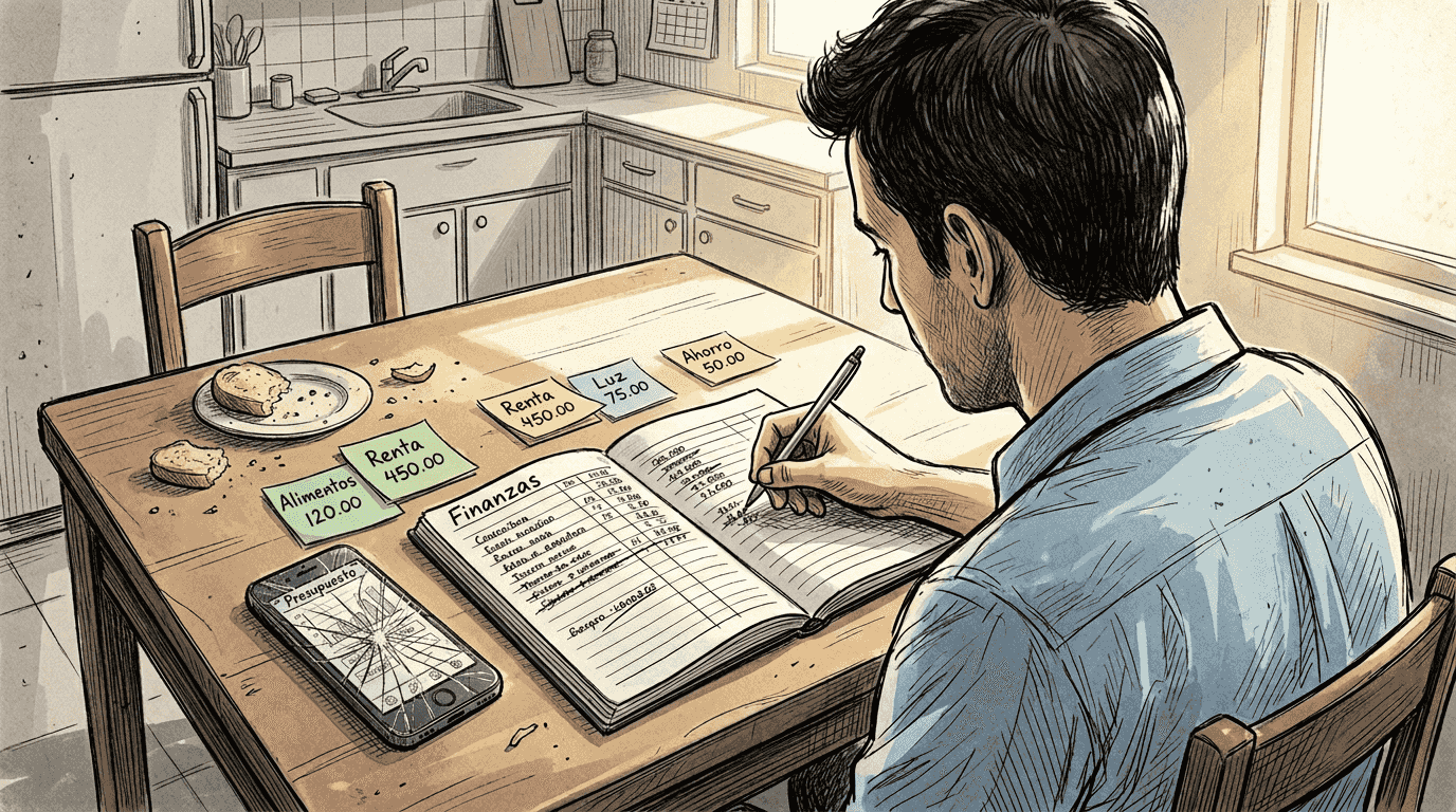 Un hombre lleva el control de sus ingresos y gastos en una libreta.