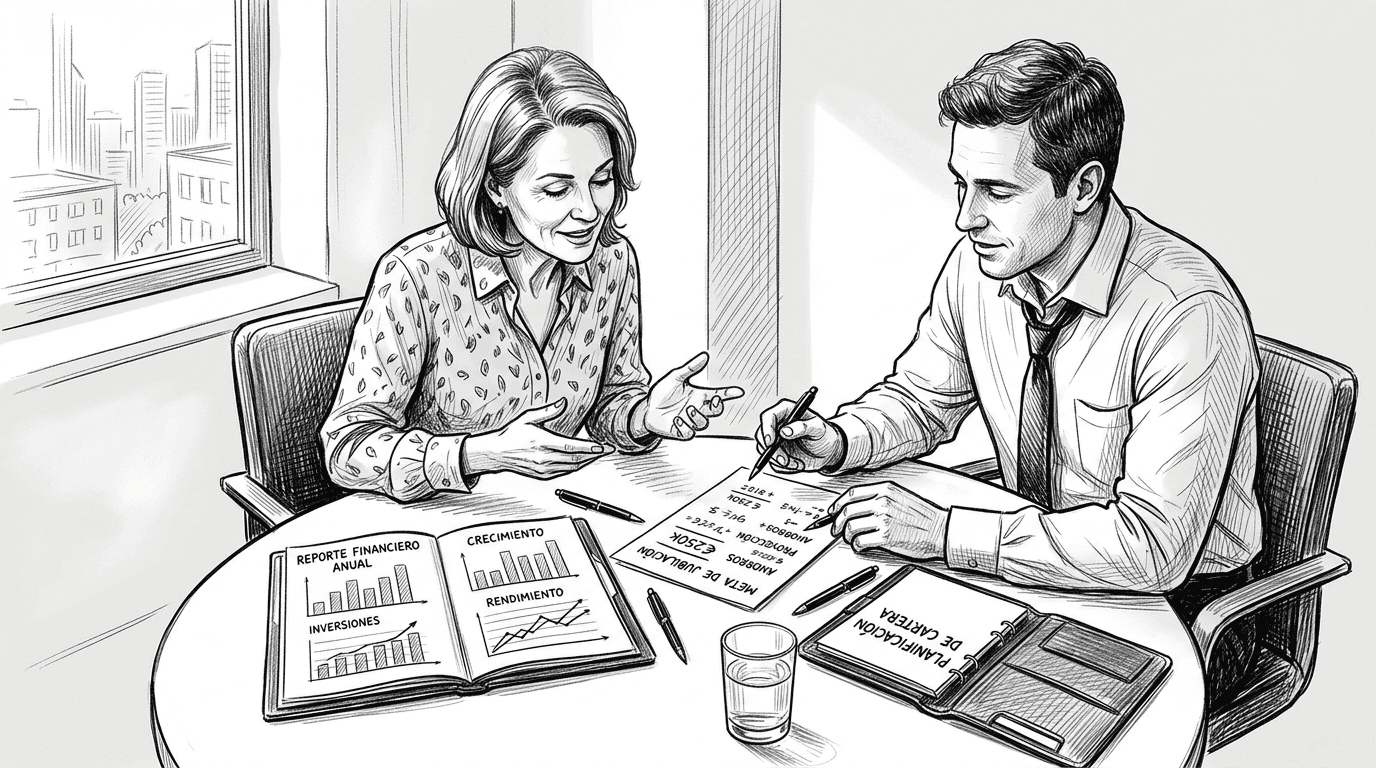 Un cliente consulta con su asesor para tomar decisiones sobre inversiones.