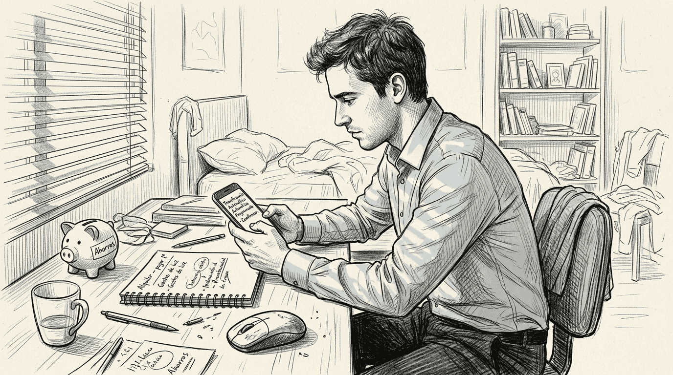 Un joven sentado frente al ordenador configura el traspaso automático de sus ahorros.