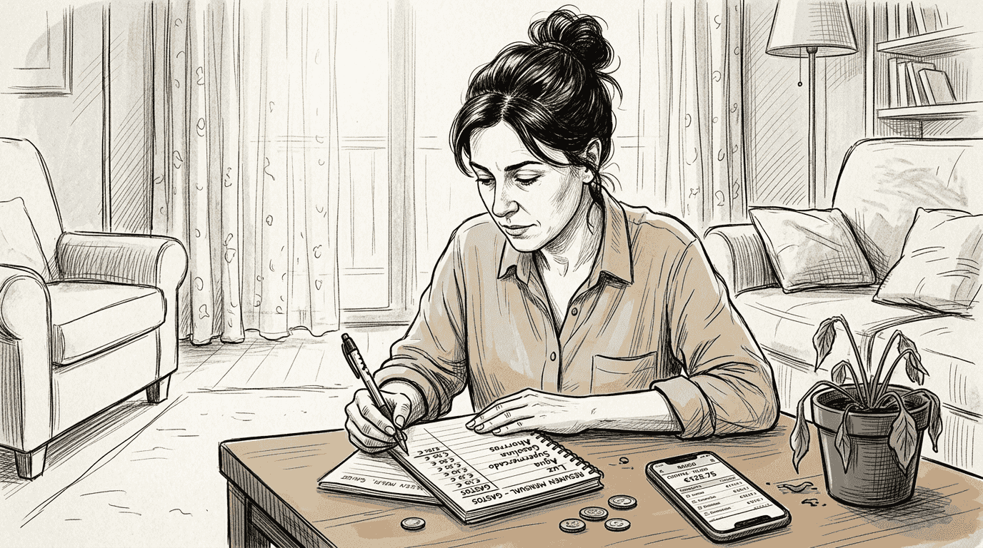 Mujer organiza sus gastos personales en una lista