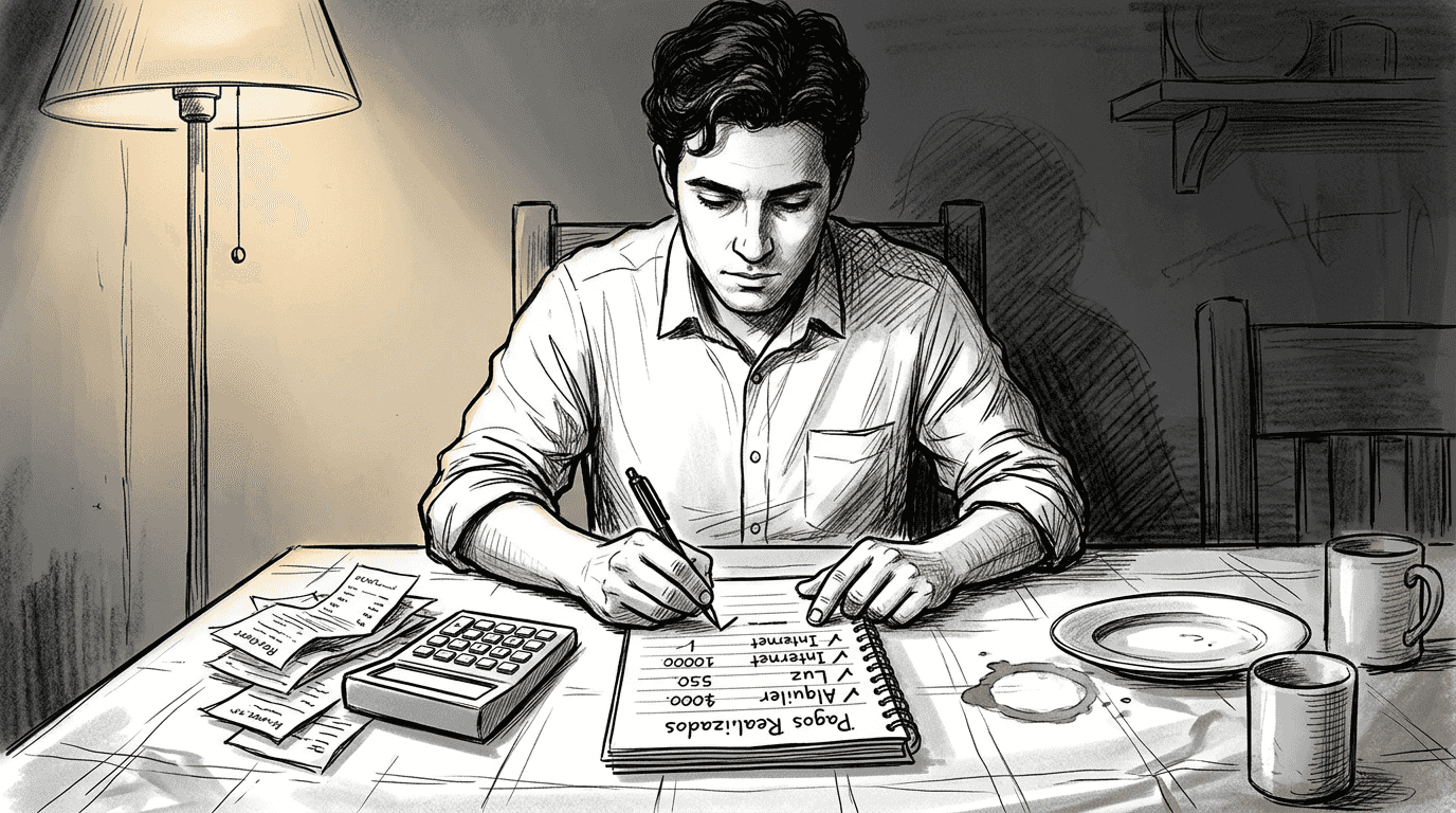 Hombre anotando los pagos de sus deudas en una libreta