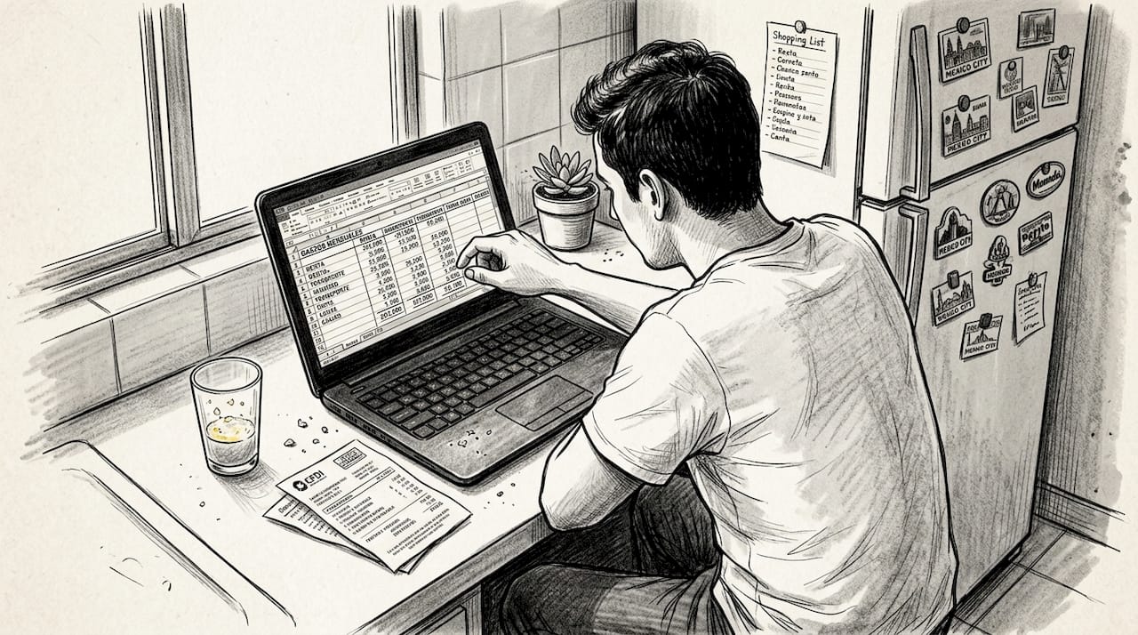 Chico revisando sus gastos mientras organiza la compra en su cocina moderna