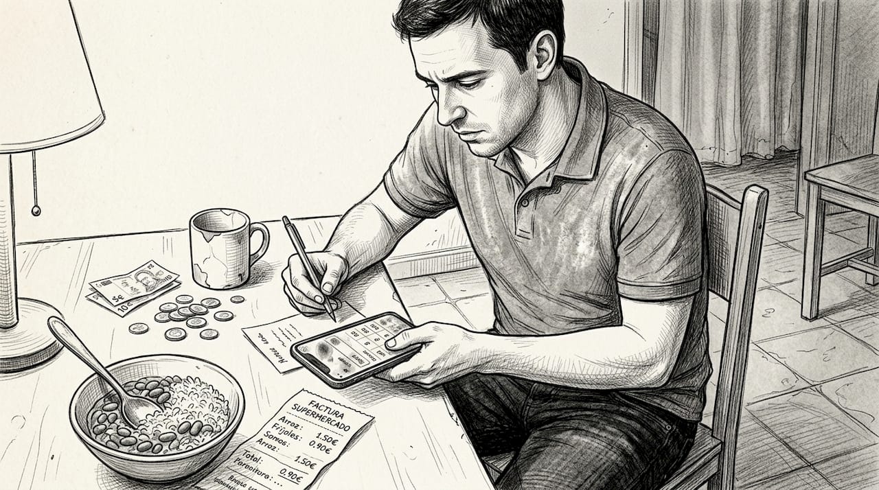 Un hombre registra sus gastos diarios desde su móvil mientras está sentado a la mesa.