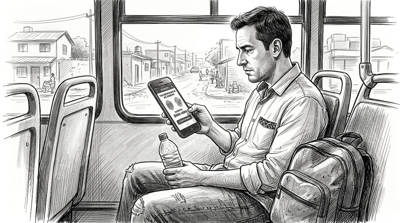 Un hombre revisa su cuenta bancaria desde el móvil mientras viaja en un camión rumbo a las afueras de la ciudad.