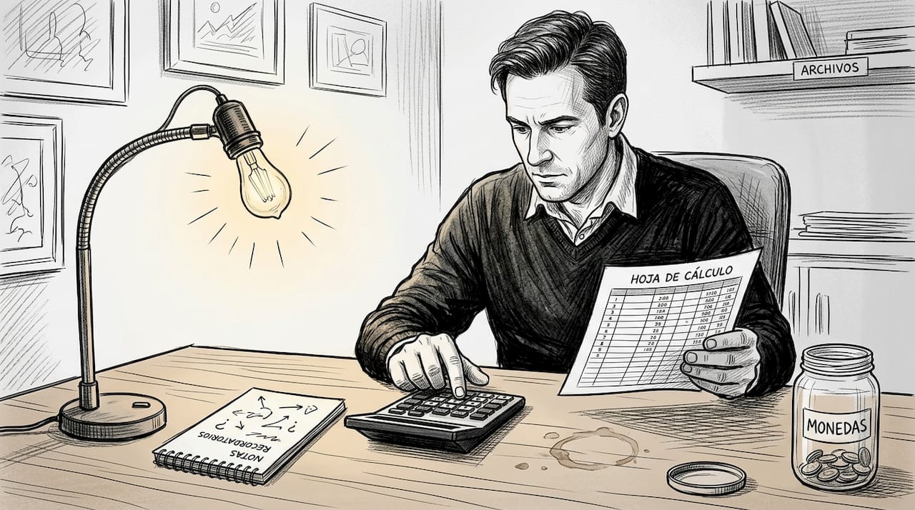 Hombre revisando sus cuentas y haciendo el presupuesto en su escritorio de casa