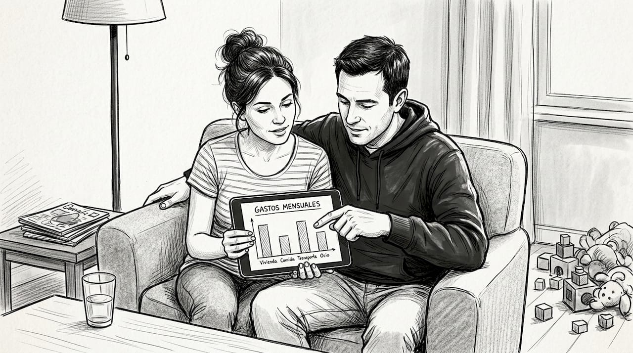 Una familia repasando sus cuentas en el salón de casa, de manera relajada.