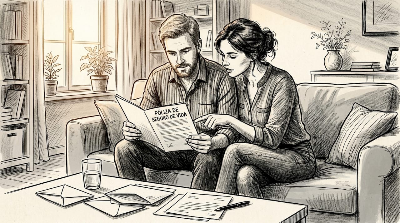 Una pareja revisa juntos los detalles de su seguro de vida.