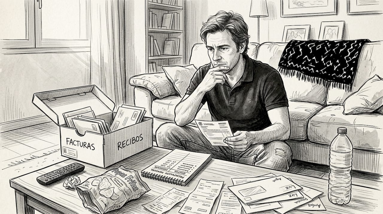 Hombre organizando sus facturas en el salón de casa