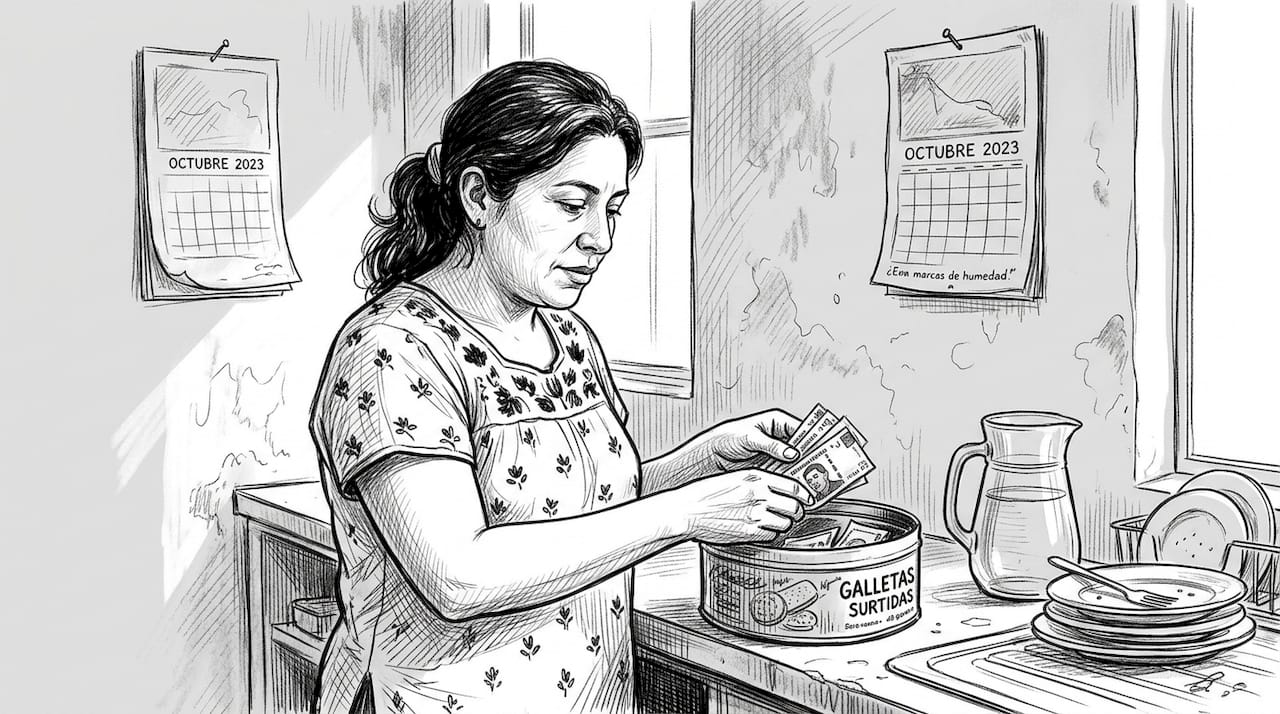 Mujer guardando sus ahorros en una lata en casa