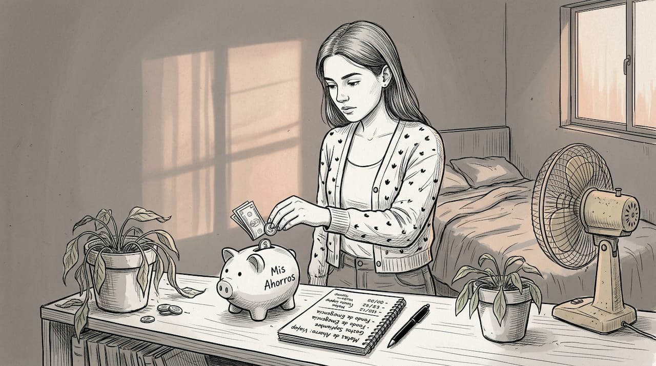 Chica joven guardando dinero en su hucha