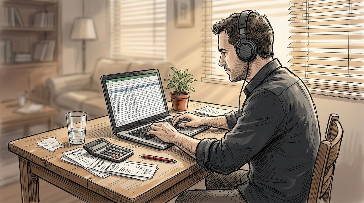 Hombre sentado en su escritorio revisando sus cuentas en el ordenador portátil