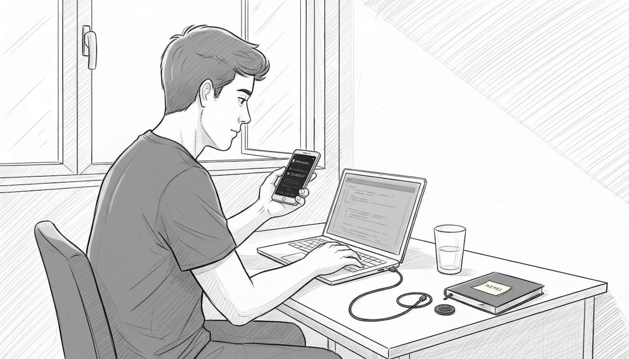 Un chico sentado en su escritorio consultando la aplicación de su banco en el móvil.