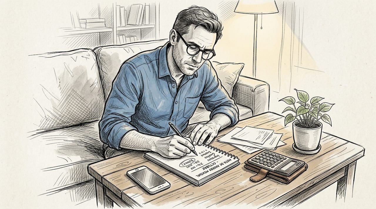 Hombre apuntando sus objetivos de ahorro para cada mes