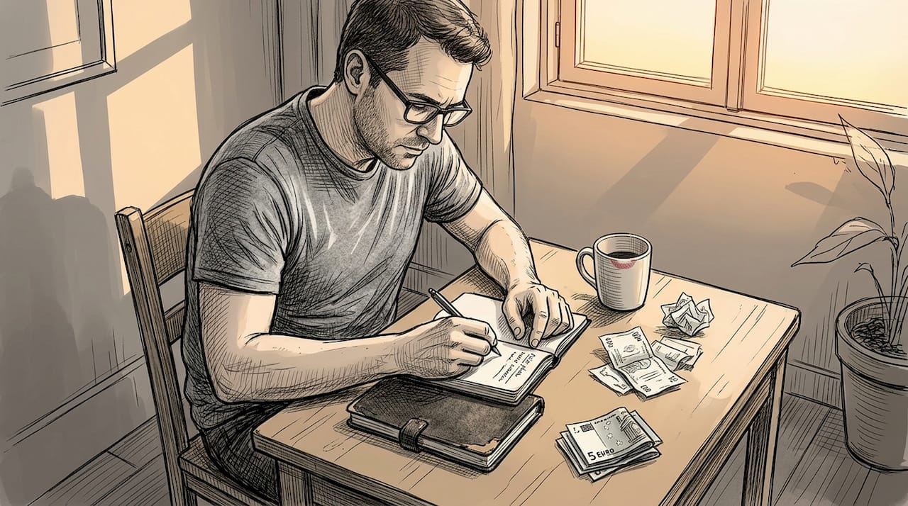 Hombre anotando sus gastos en el salón de su casa
