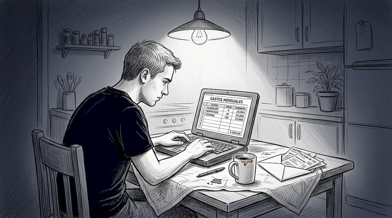 Una persona revisando sus gastos y haciendo cuentas en la mesa de la cocina, con el portátil y varias facturas a mano.