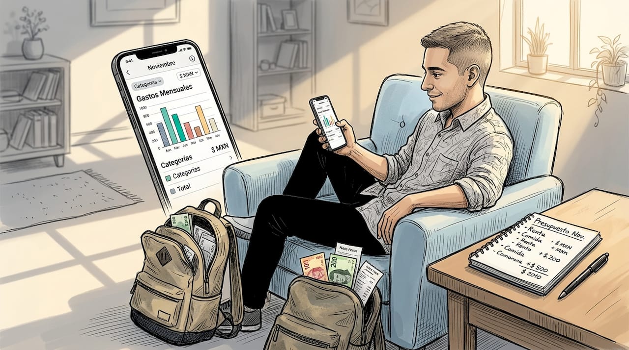 Hombre revisando sus finanzas desde el móvil en el salón de casa