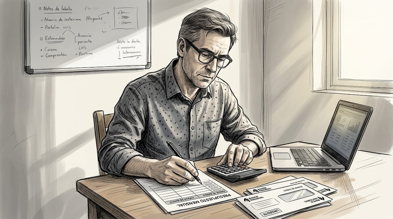 Un hombre revisa las cuentas del hogar con la ayuda de una calculadora para organizar el presupuesto familiar.