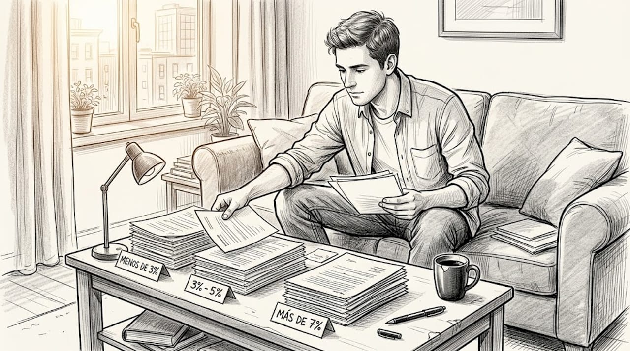 Un hombre revisa y organiza sus documentos financieros, dándoles prioridad según su importancia.