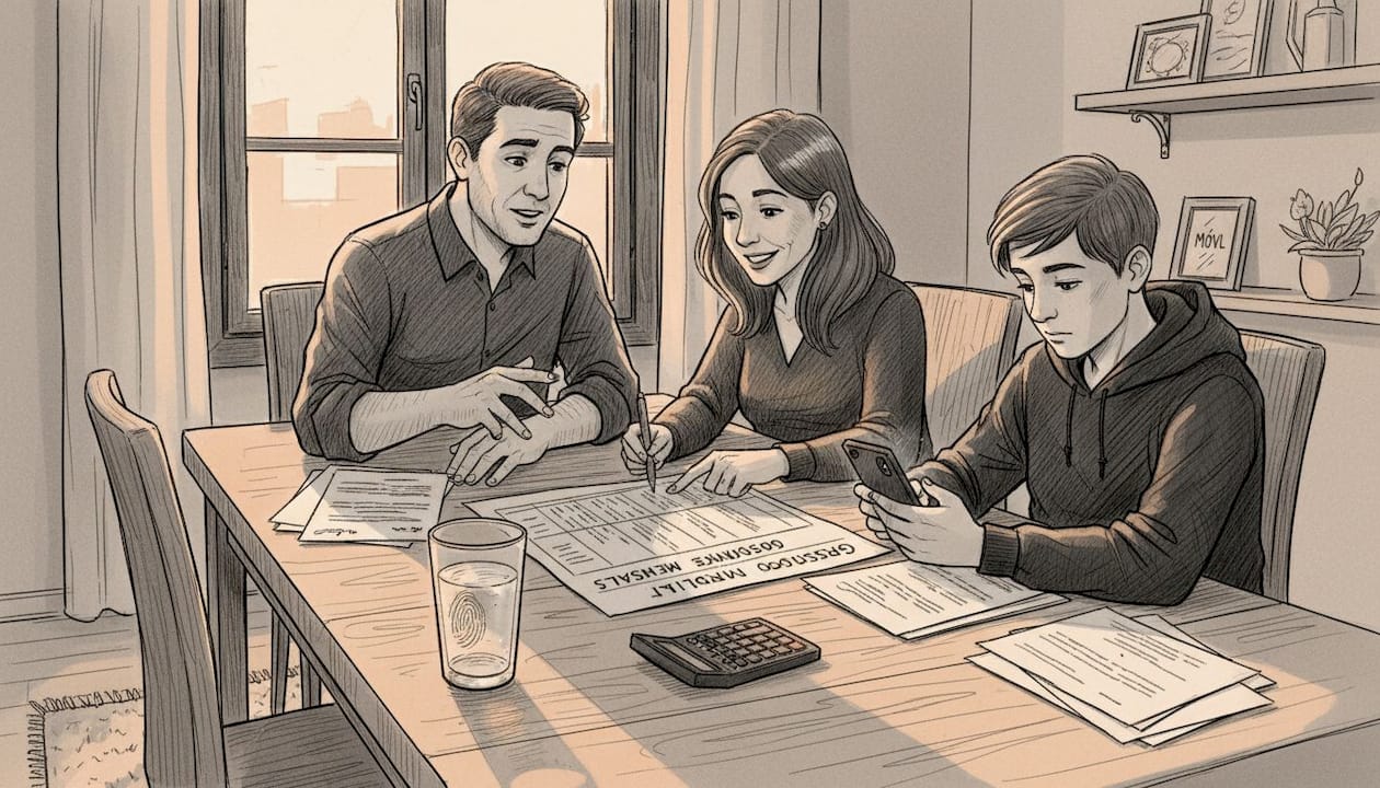 Padres e hijos revisando juntos las cuentas del hogar en la mesa del comedor