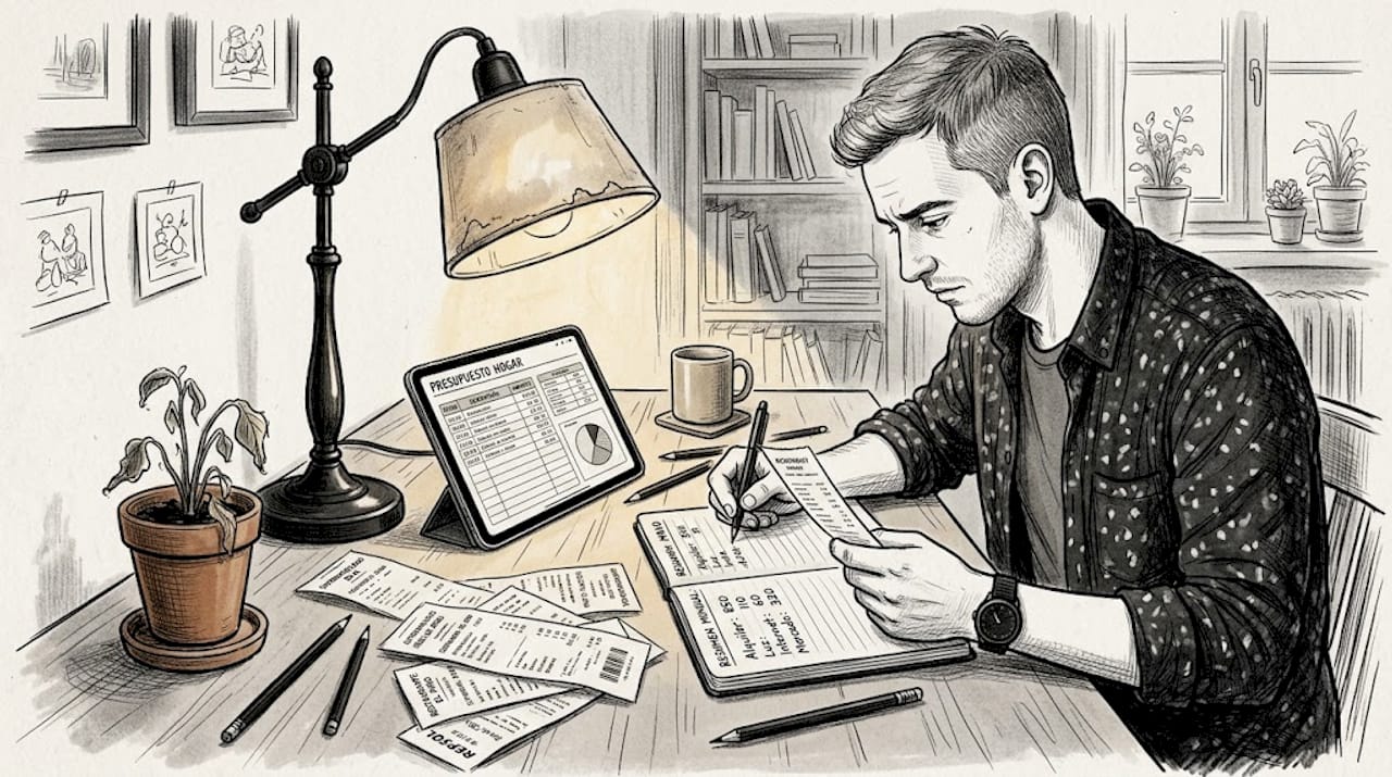 Hombre organizando sus cuentas, revisando facturas y consultando información en una tablet