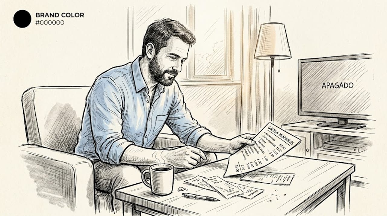 Un hombre sentado en la sala revisa sus cuentas del mes para controlar sus gastos.