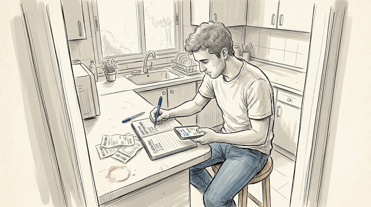 Hombre revisando sus cuentas con una libreta y el móvil en mano