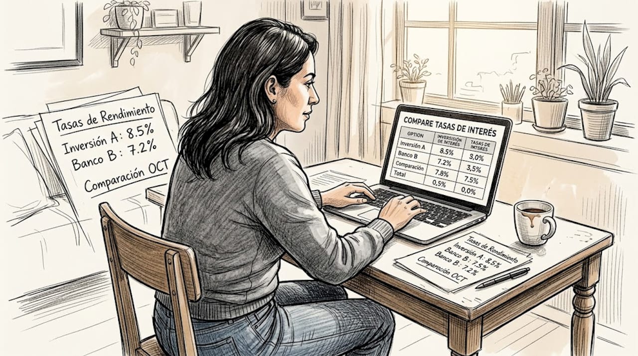 Una mujer analiza y compara las opciones de inversión en una laptop para su hogar.