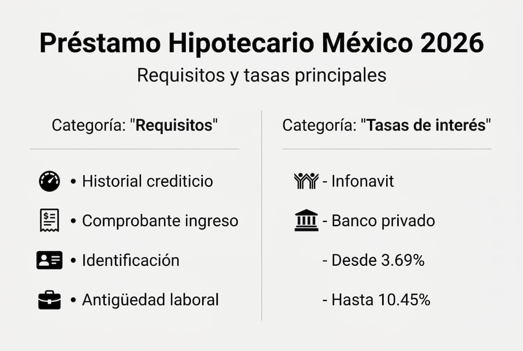 Todo lo que necesitas saber sobre los requisitos y tasas de interés para obtener una hipoteca en México, explicado en una infografía clara y sencilla.