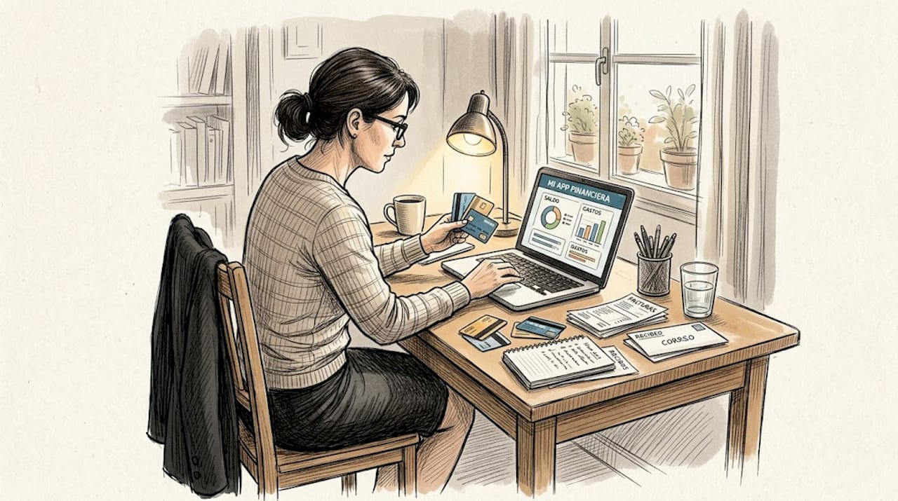 Mujer organizando sus tarjetas de crédito desde el móvil