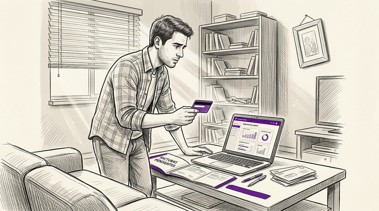 Hombre revisando el extracto de su tarjeta de crédito en casa