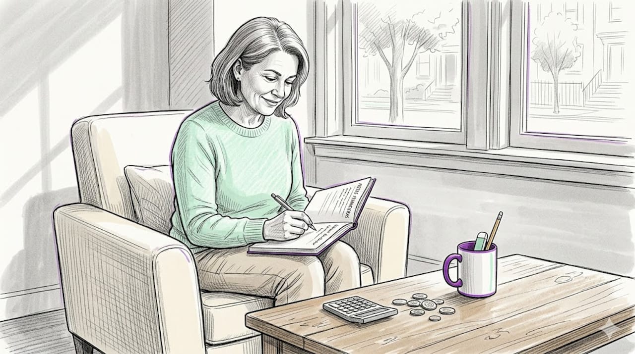 Una mujer organiza sus objetivos financieros desde la comodidad de su hogar, anotando sus planes y metas para el futuro.