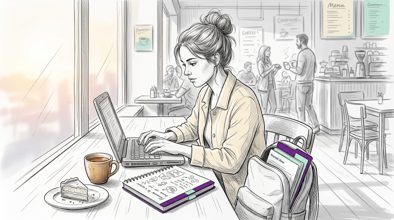 Una mujer aprovecha su tiempo trabajando con su portátil mientras disfruta de un café en una cafetería.