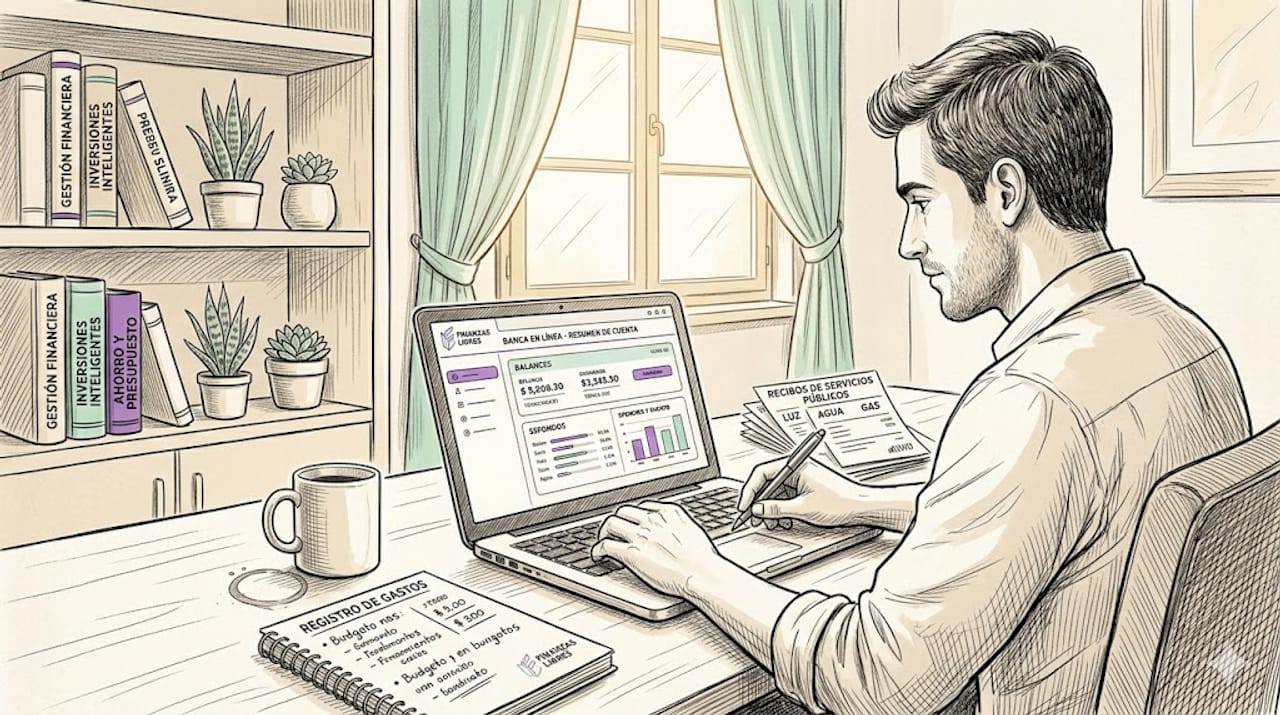 Hombre gestionando el pago automático de sus cuentas desde el portátil en casa