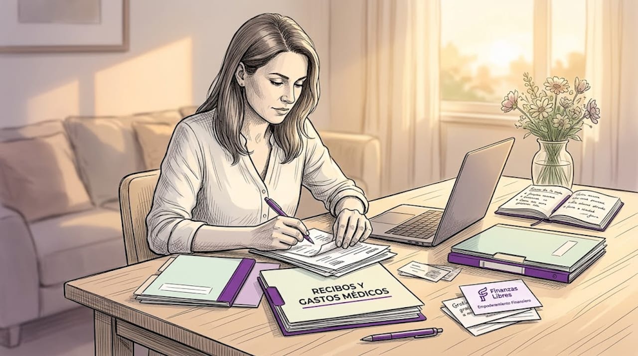 Una mujer revisa y organiza sus documentos fiscales desde la comodidad de su hogar, asegurándose de aprovechar todas las deducciones disponibles.
