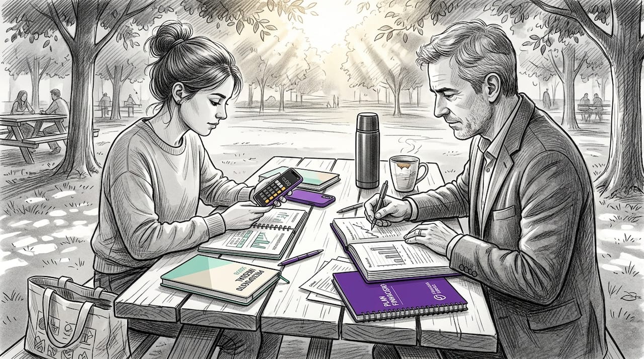 Un joven y un adulto analizan juntos diferentes alternativas para invertir su dinero.