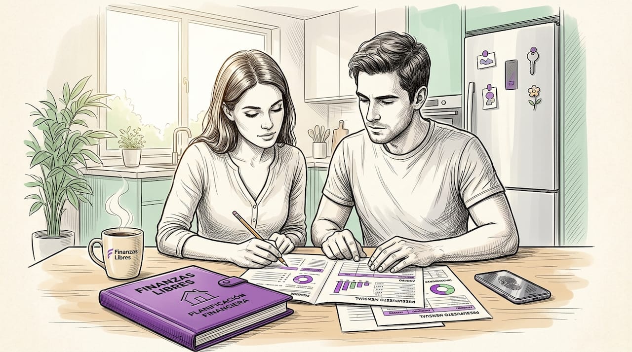Una pareja organizando sus cuentas en el salón de casa
