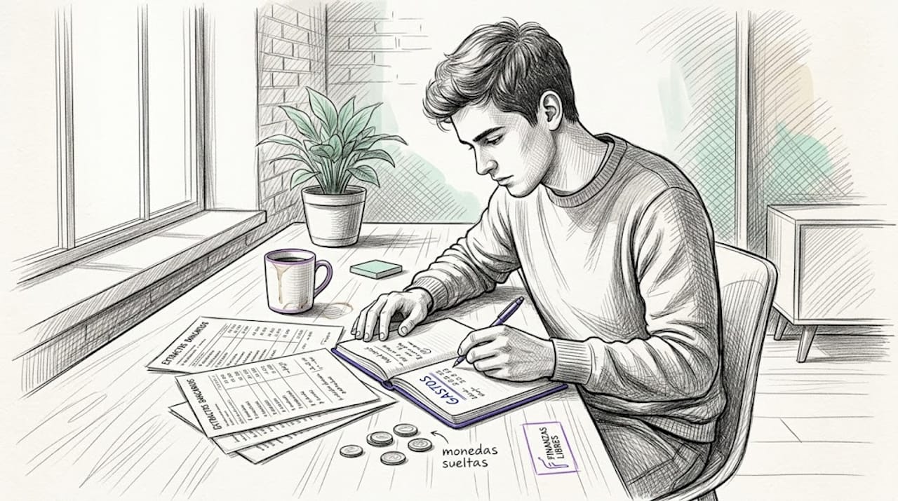 Un joven revisando y anotando sus cuentas en casa