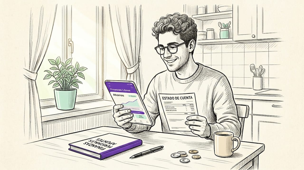 Un hombre sonriente revisa el estado de sus ahorros mientras está en su sala.
