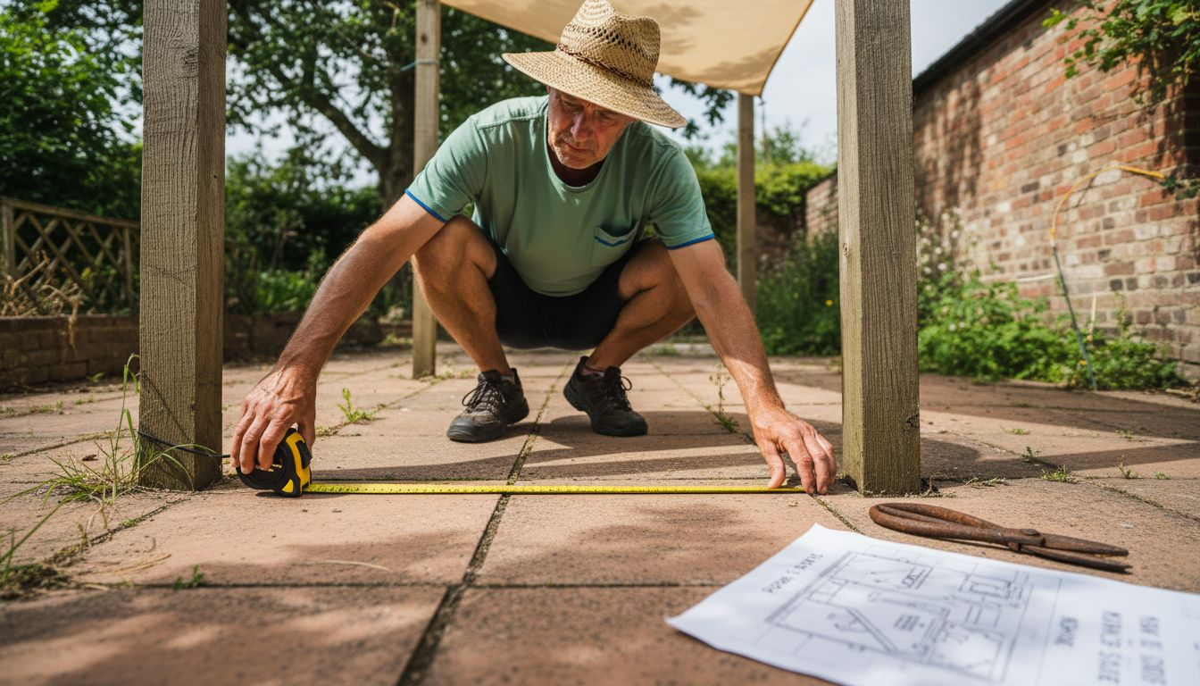 Man measuring patio for garden shade sail