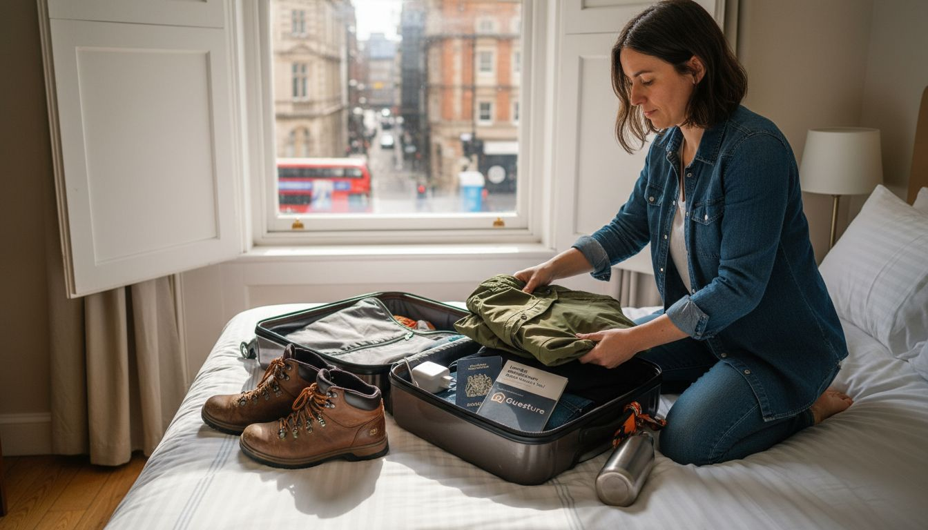 Woman organizing travel essentials into suitcase