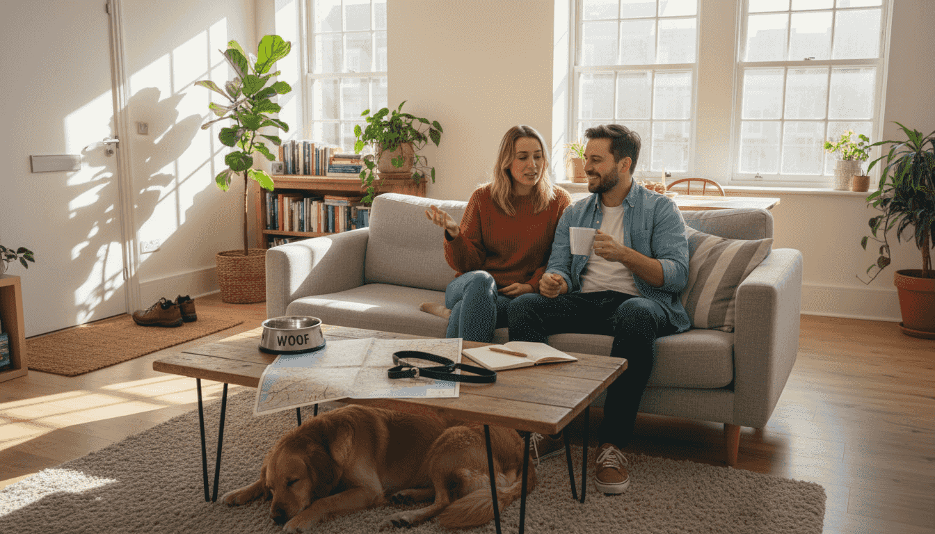 Couple and dog relaxing in pet-friendly apartment