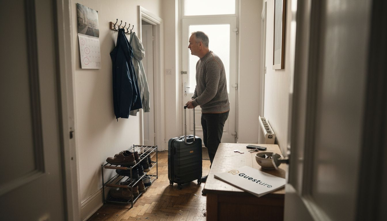 Guest arriving in city rental apartment hallway