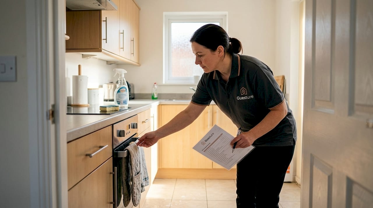 Cleaner inspecting kitchen in rental flat