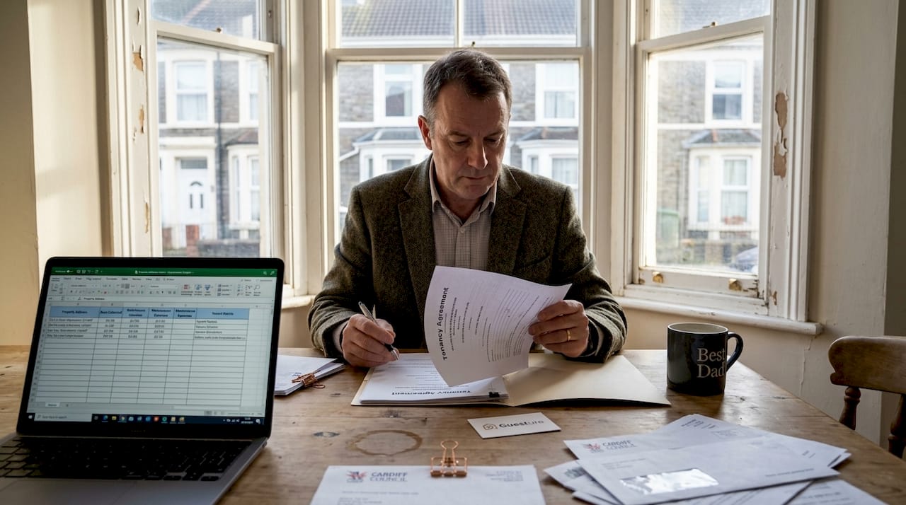 Landlord reviewing property paperwork at dining table